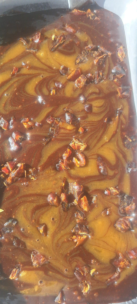 Butterscotch swirled through a chocolate brownie